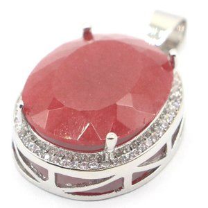Real Red Ruby White CZ Silver Pendant 34x21mm Luxury Big Oval Gemstone 22x18m